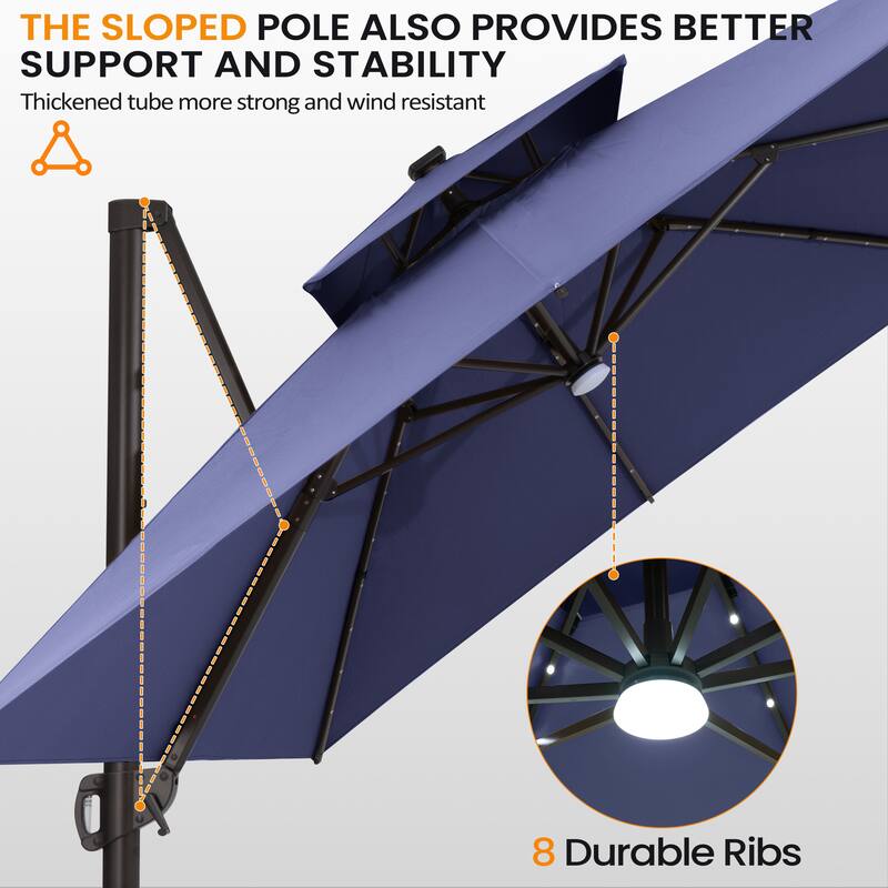 VredHom Solar LED Light 11FT Square Outdoor Cantilever Patio Umbrella without Base