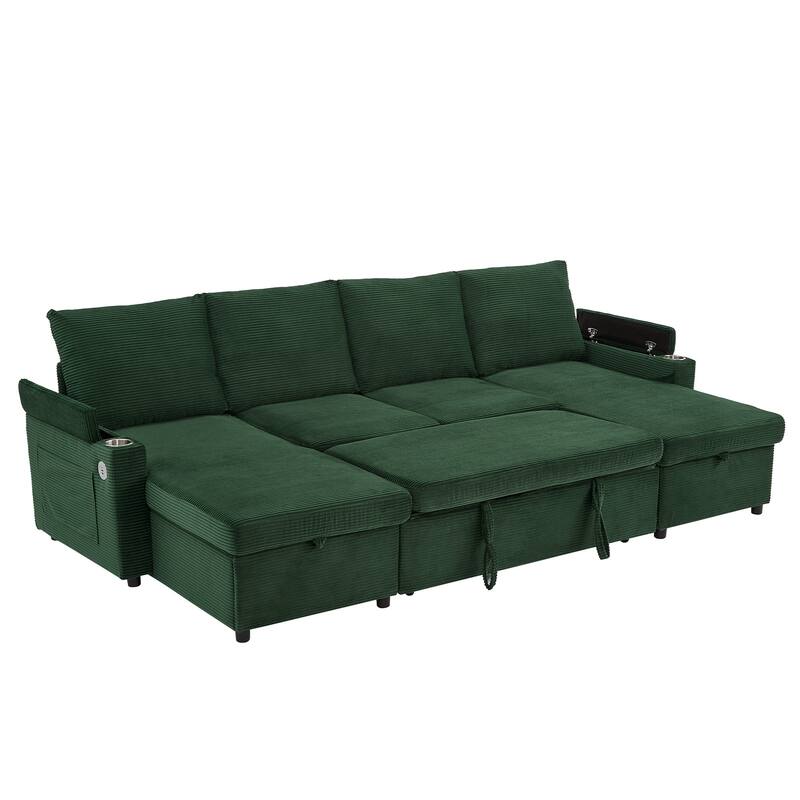 Roomfitters Convertible Sofa Bed 109.5" U-Shaped Sectional Upholstered Sofa with Storage Chaise, Cup Holders and USB Ports