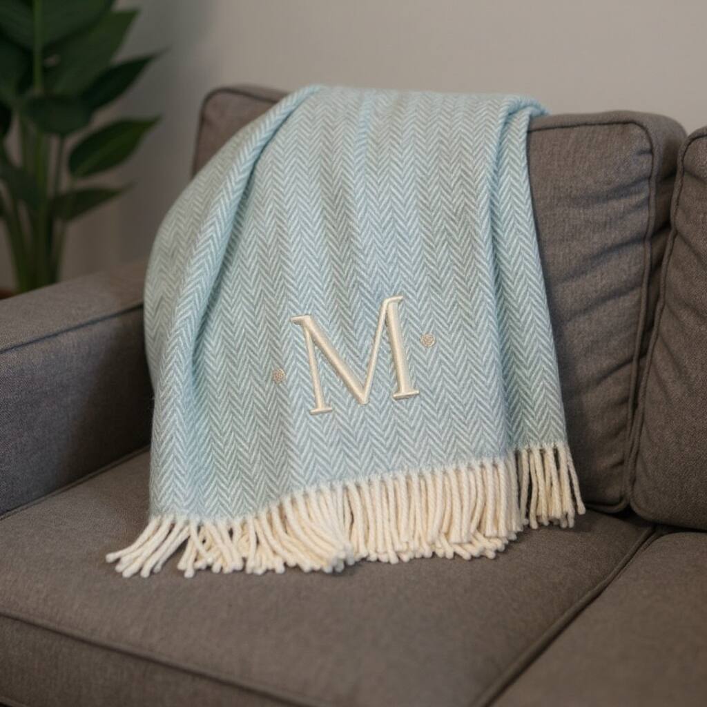 HomeRoots 55" X 70" Sky Blue And White Herringbone Cotton Blend M Initial Throw Blanket with Tassels And Embroidery