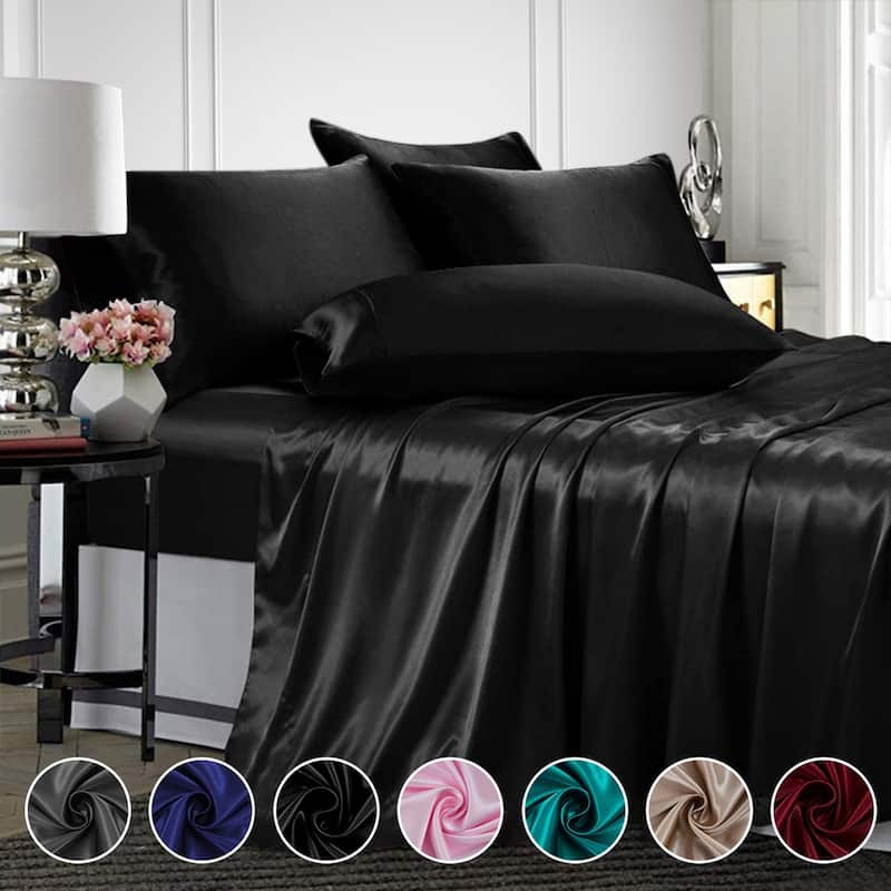 Silky Satin Bed Sheets Set Pillowcase Deep Pocket Flat Fitted Sheet
