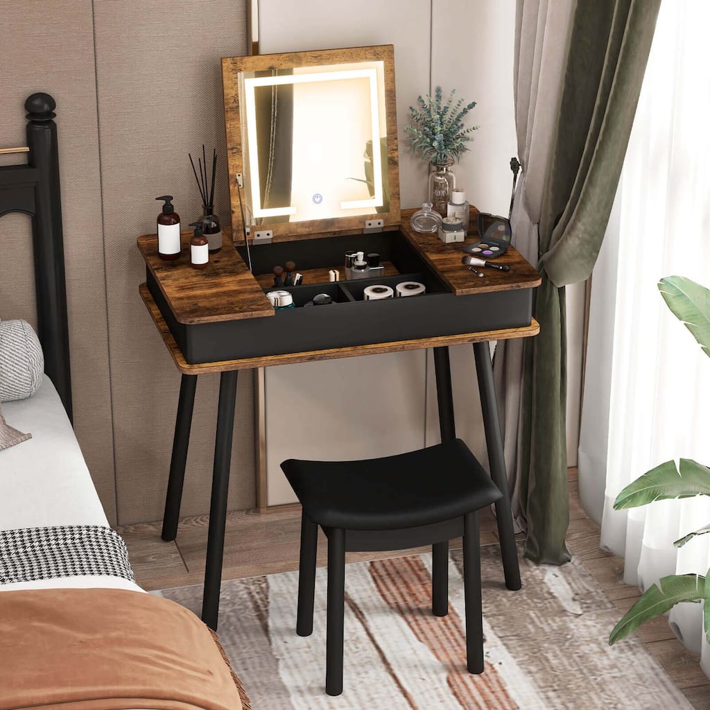 Costway Vanity Table Set w/ Flip Top Mirror Lights USB Port Cushioned