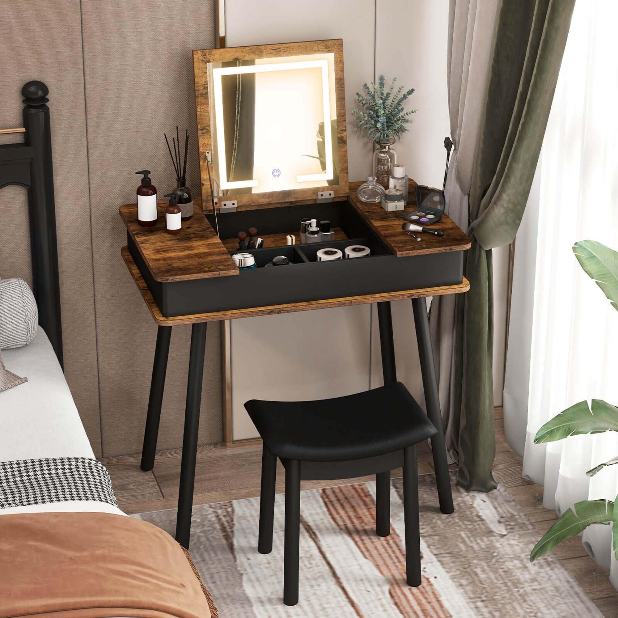Costway Vanity Table Set w/ Flip Top Mirror Lights USB Port Cushioned