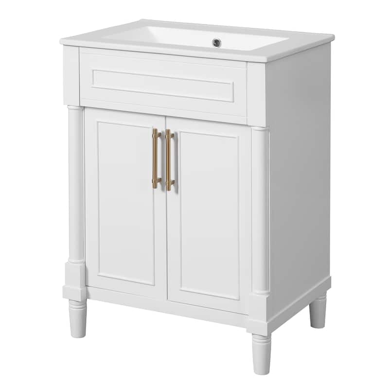 Elegant Bathroom Vanity Freestanding Storage Cabinet with Sink, 2 Doors, Gold Handles and Adjustable Interior Shelf