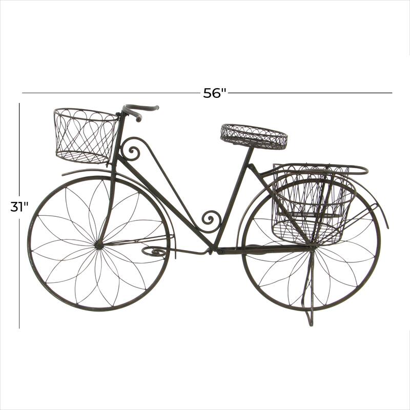 Brown Metal Indoor Outdoor Wire Floral Scrolled Bike Indoor Outdoor Plantstand with Basket and Saddle Bag Planters