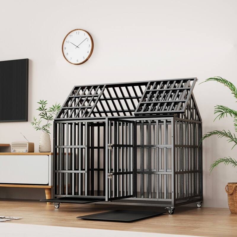 52" Large Dog cage , Heavy Duty Dog Crate,Strong Metal Dog Kennels with 4 Lockable Wheels
