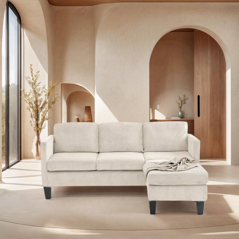 4 Seat Velvet L-Shaped Sofa with Chaise and Padded Corduroy Multi-functional Modern Sectional Couch - 88.18 in.L x 31.5 in.H - Off White
