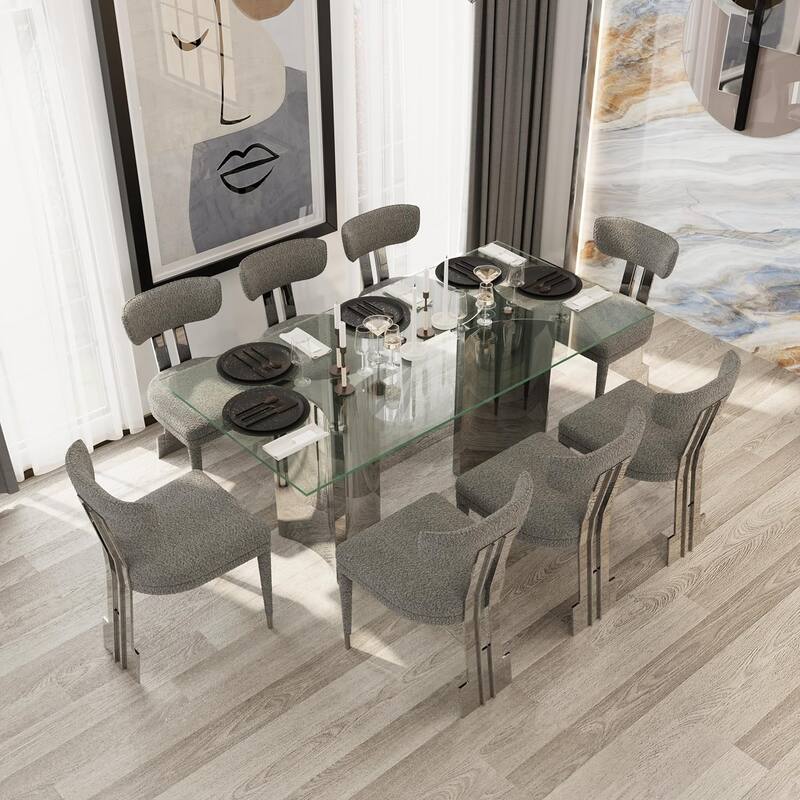 70 inch Clear Tempered Glass Dining Table Set with Grey Boucle Dining Chairs