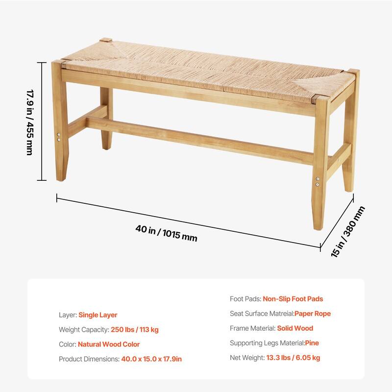 Woven Rattan Bench for Entryway Living Room or Bedroom Furniture - 40.0 x 15.0 x 17.9in