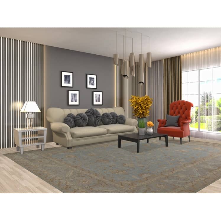 Hand Knotted Oriental 100% Wool Carpet Transitional All-Over Navy Blue & Blues Oushak Area Rug - 11' 11'' X 8' 11''