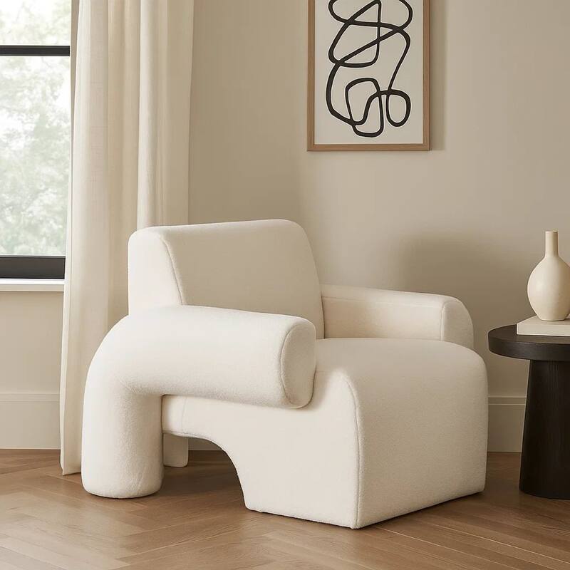 Contemporary Accent Chair, Extra Soft Ivory Sherpa Fabric, 36 Inch
