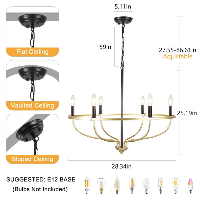 6-Light Wagon Wheel Chandelier, Traditional Metal Ceiling Light for Living Room Kitchen Island Dining Foyer - W28.34"x H25.19"
