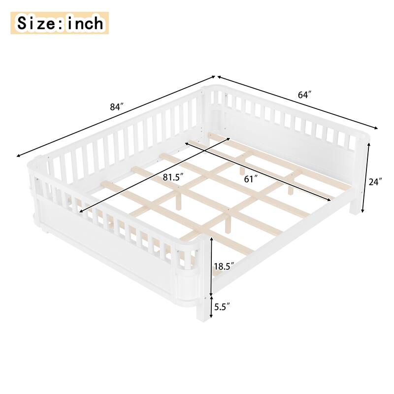 Wood Platform Bed with Guardrails & Detachable Fence, Twin/Full/Twin XL/Queen Size Kids Bed, Safety Design, No Box Spring