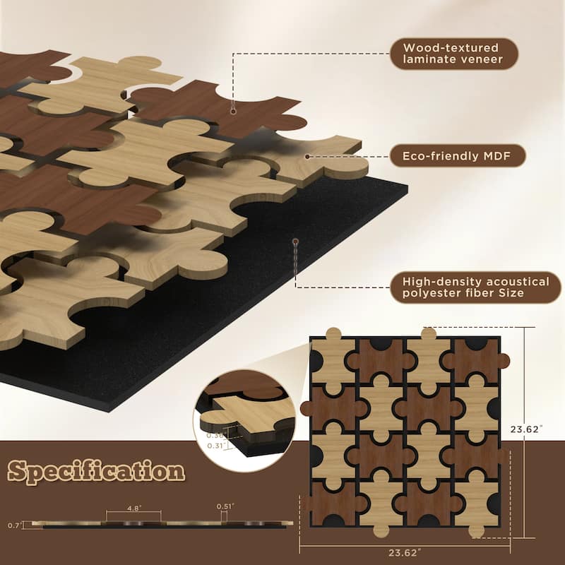 23.6" x 23.6" Puzzle Slat Acoustic Wall Panels for Ceiling and Wall Decor, 4-Pack (15 sq ft)