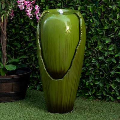 Alpine Corporation 33" Tall Turquoise Outdoor Antique Jar Water Fountain with LED Lights