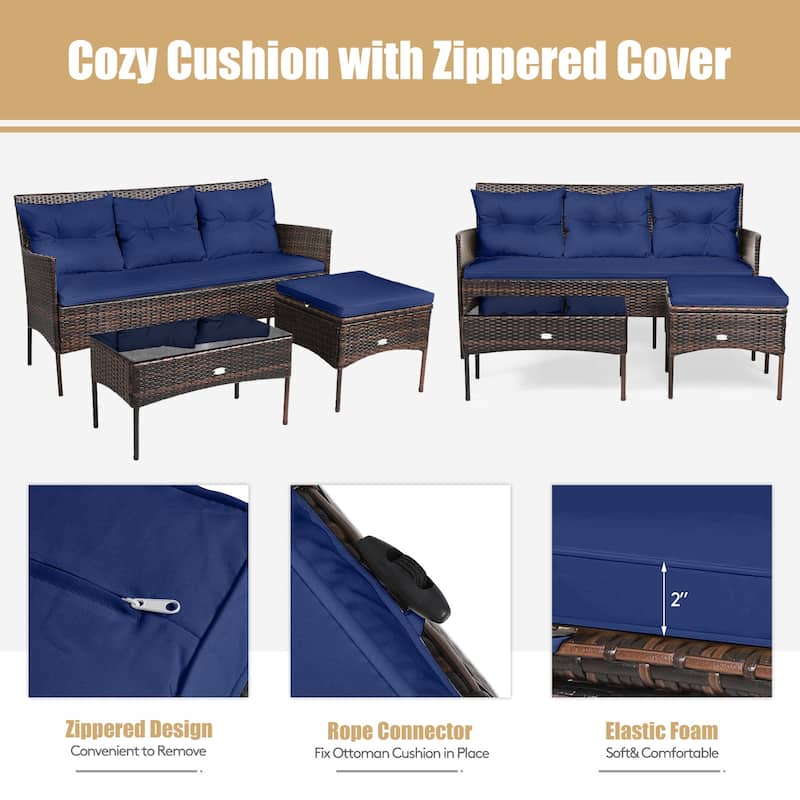 Gymax Set of 3 3-Seat Sofa Cushioned Table Rattan Furniture Set Garden