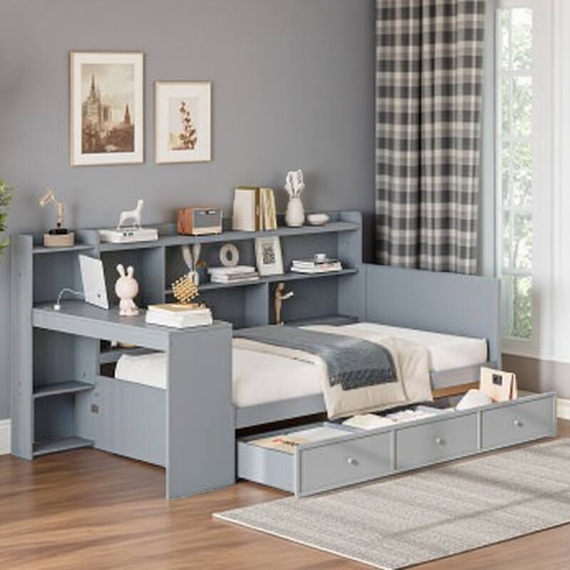Twin Wood Daybed with Storage Drawers, Side Desk with USB Charging Ports, and Bookcase Compartments - Gray