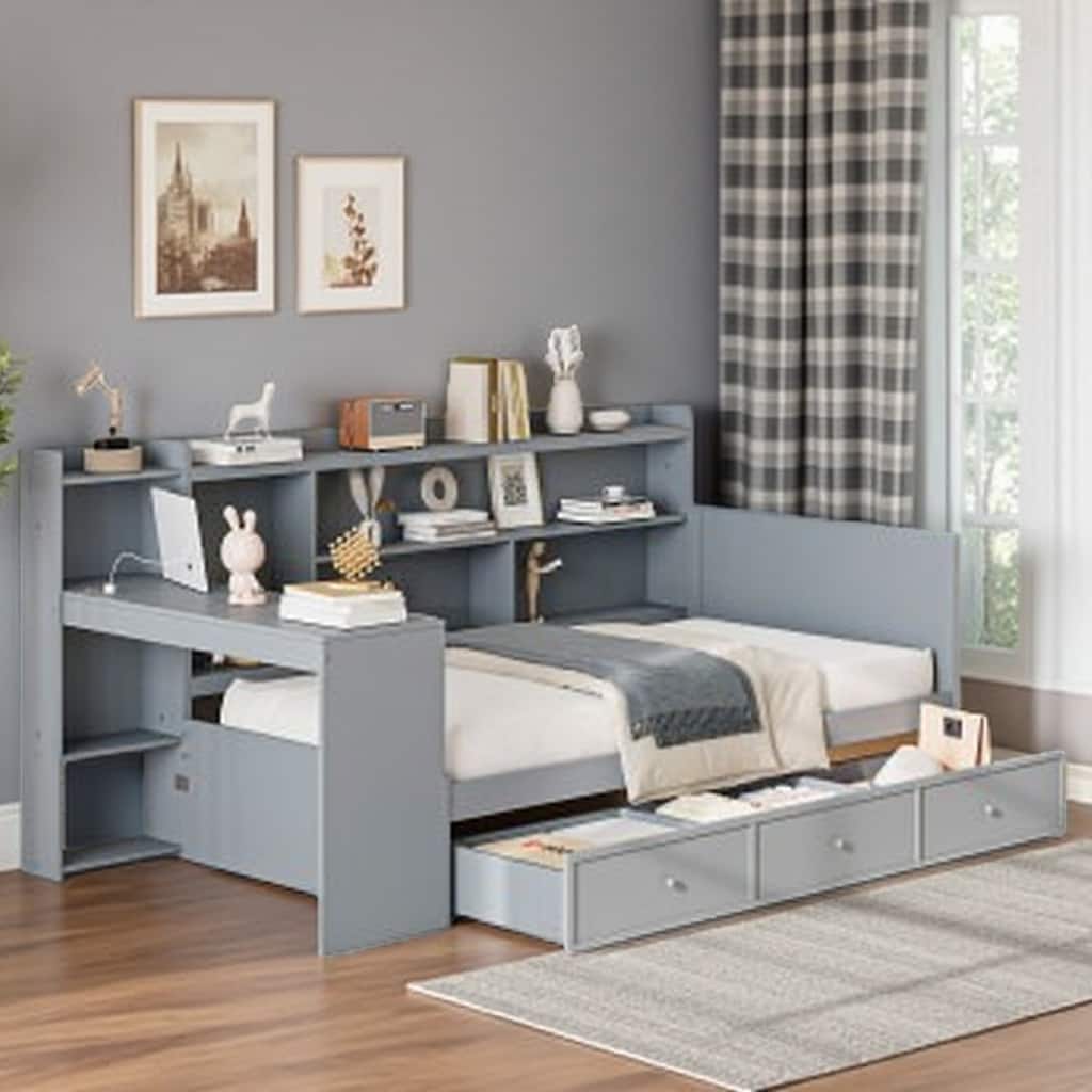 Twin Wood Daybed with Storage Drawers, Side Desk with USB Charging Ports, and Bookcase Compartments