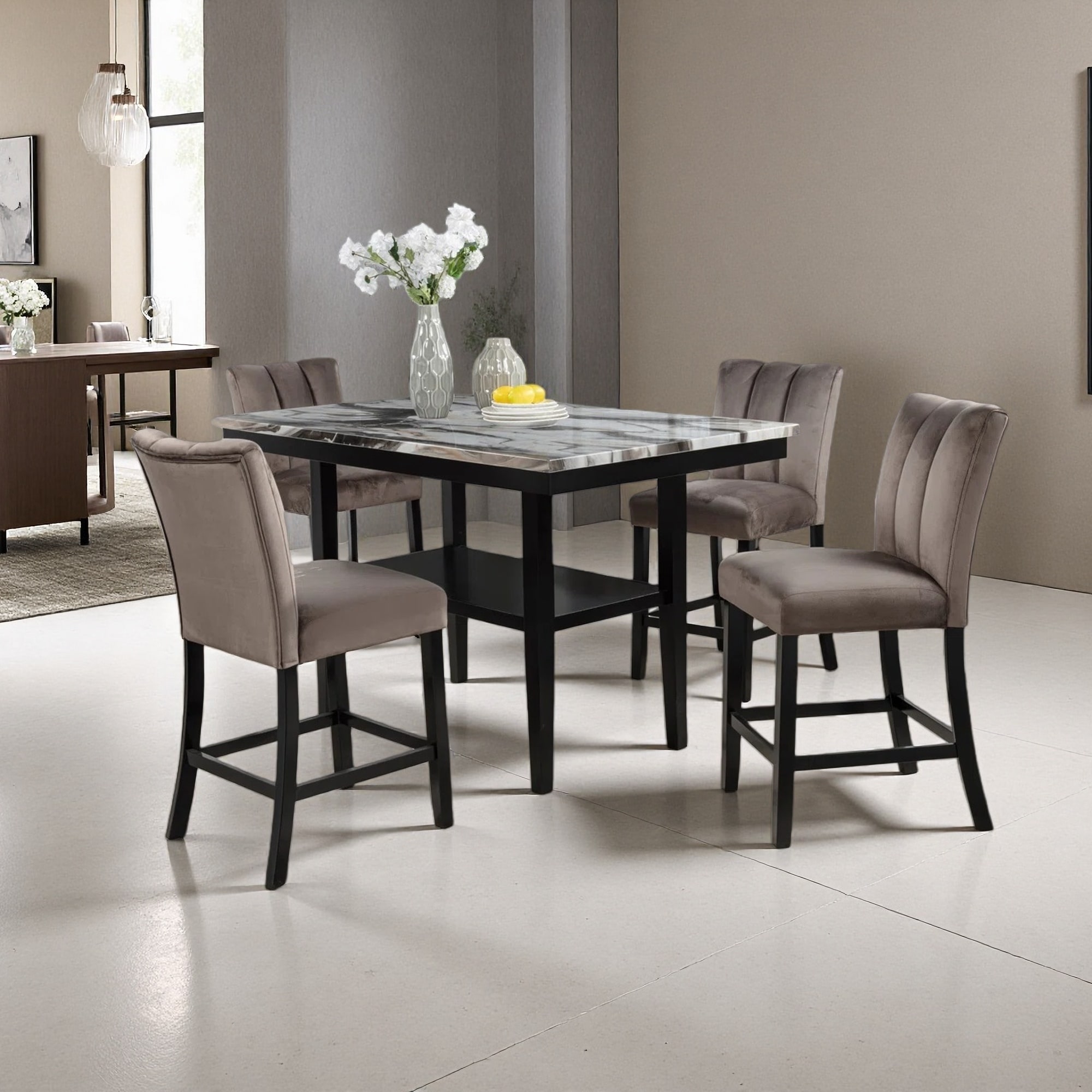 Set of 5 Modern 60"L Counter Dining Set - Faux Marble Finish Wood Top Table with Bottom Shelf & Velvet Upholstered Cedar Stools