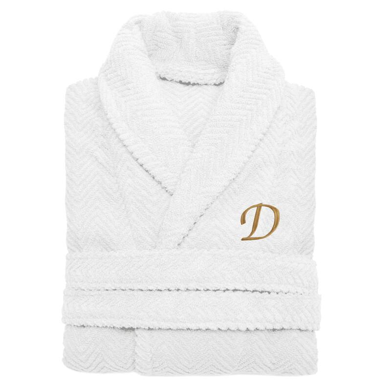 Authentic Hotel and Spa White with Gold Monogrammed Herringbone Weave Unisex Bath Robe - L/XL - D