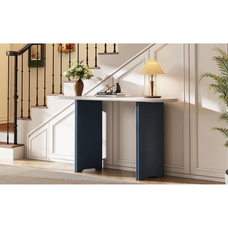 Narrow Console Table with Oval Faux Marble Top