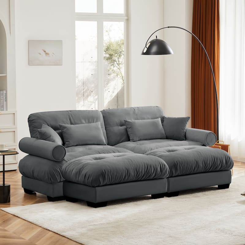 Loveseat Sofa Set 93.7" 2-Seater Modular Velvet Couch with Ottoman, Round Arms and Throw Pillows for Living Room, Office