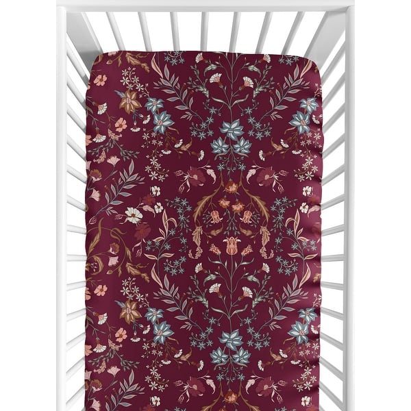 slide 2 of 6, Sweet Jojo Designs Boho Wildflower Vintage Floral Girl Fitted Crib Sheet Red Rust Teal Botanical Garden Bohemian Farmhouse Indie