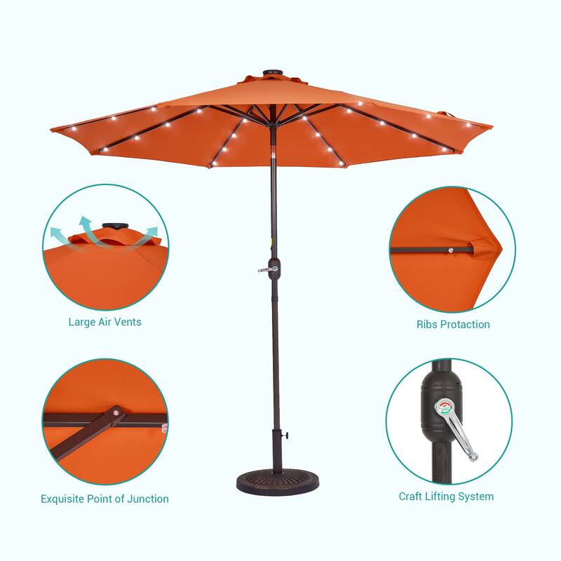 BONOSUKI 9ft Patio Solar Umbrella LED Patio Market Steel Tilt w/Crank