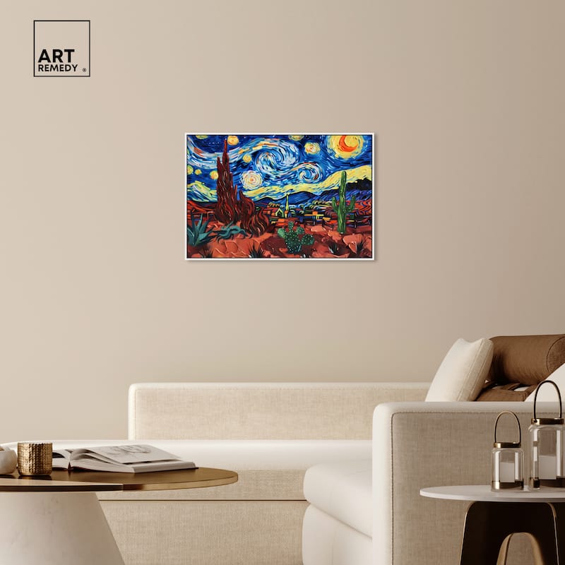 Art Remedy Desert Night Stars Framed Impressionism 1 Piece Canvas Wall Art /Monet And Van Gogh Inspired Art
