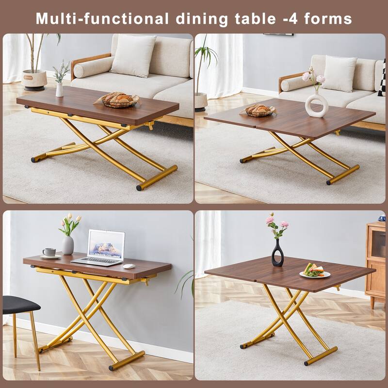 Multi-Functional Lift Table Coffee Table Bar Table, Dining Table & Chairs Set with Linen Dining Chairs