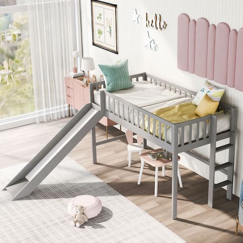 Gray Twin Size Wood Low Loft Bed with Ladder and Slide