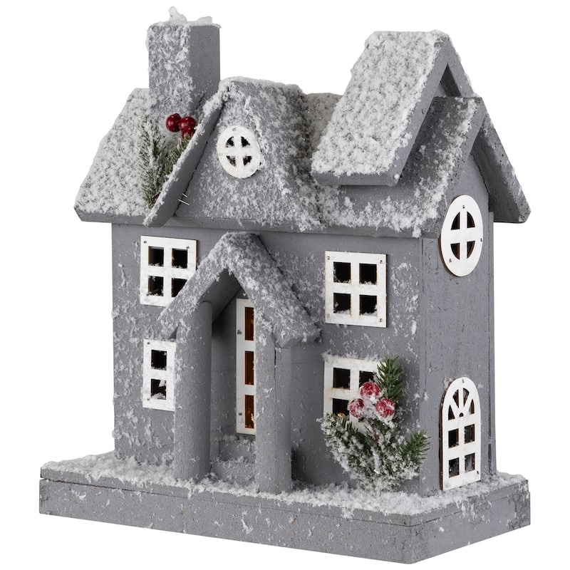Lighted White and Gray Snowy House Christmas Tabletop Decoration - 11"