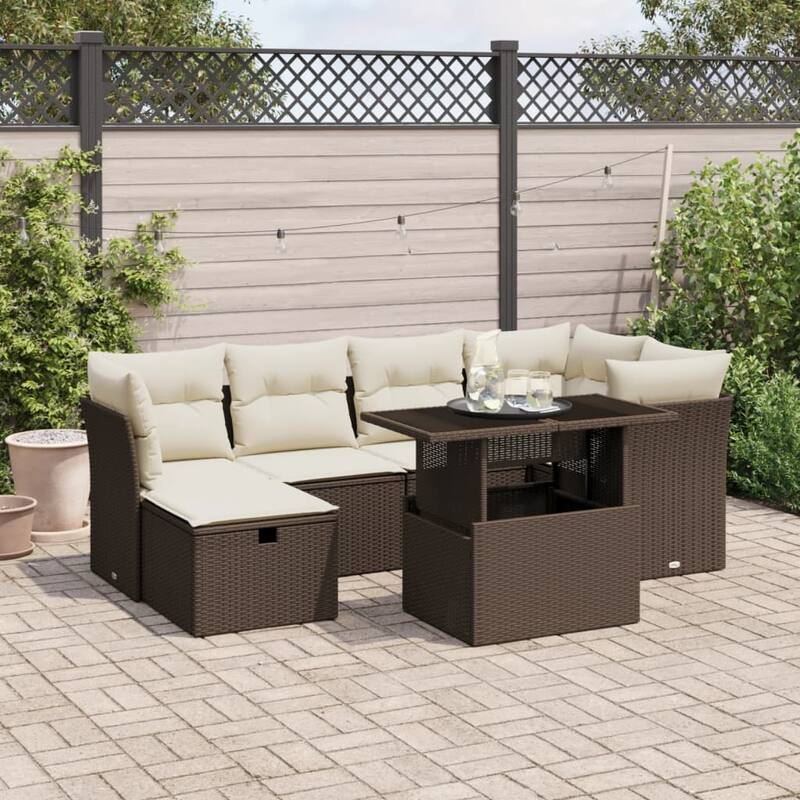 7 Piece Outdoor Sofa Set with Cushions - 21.7 x 39.4 x 28.7 in - Brown and cream