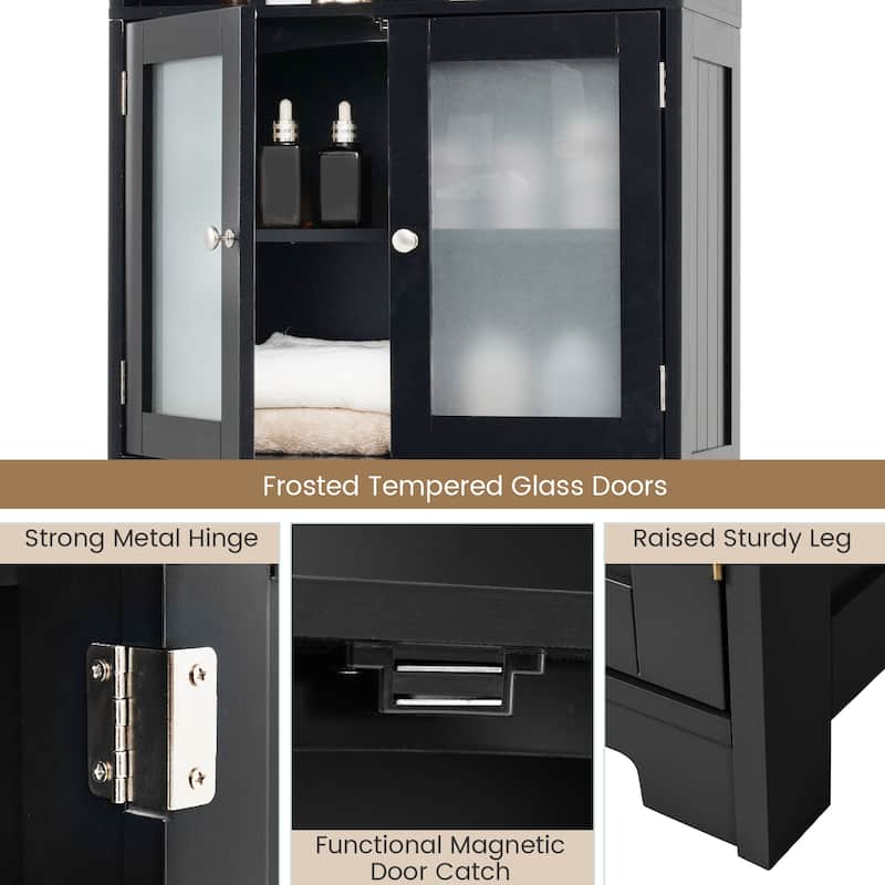 Gymax Bathroom Tall Storage Cabinet Linen Tower w/ Glass Door &