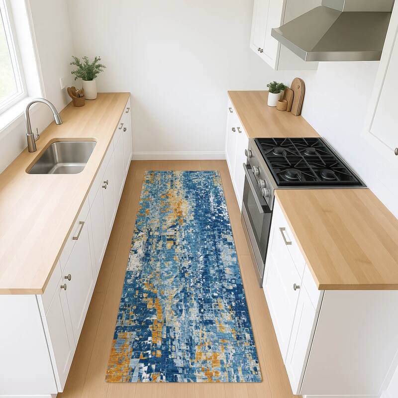 Machine Washable Indoor/ Outdoor Abstract Pixels Chantille Rug