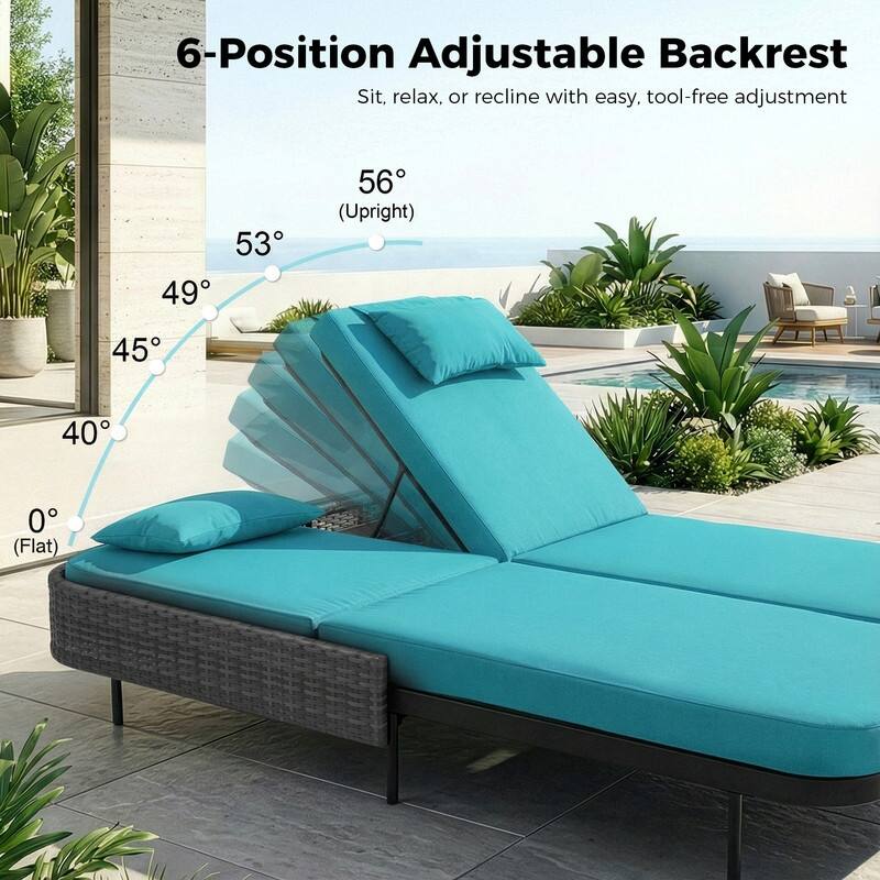 2-Person Outdoor Double Chaise Lounge with 2 Side Tables, Wicker Patio Reclining Daybed, Adjustable Backrests, 800 lb Capacity