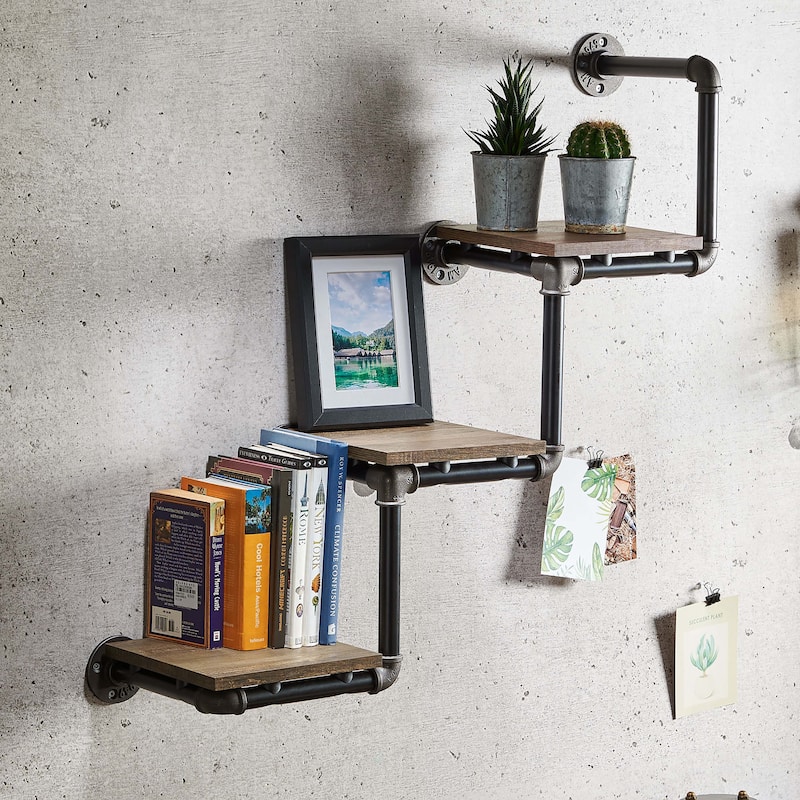 DH BASIC Industrial Reclaimed Oak Metal 3-Tier Wall Shelf by Denhour - Reclaimed Oak