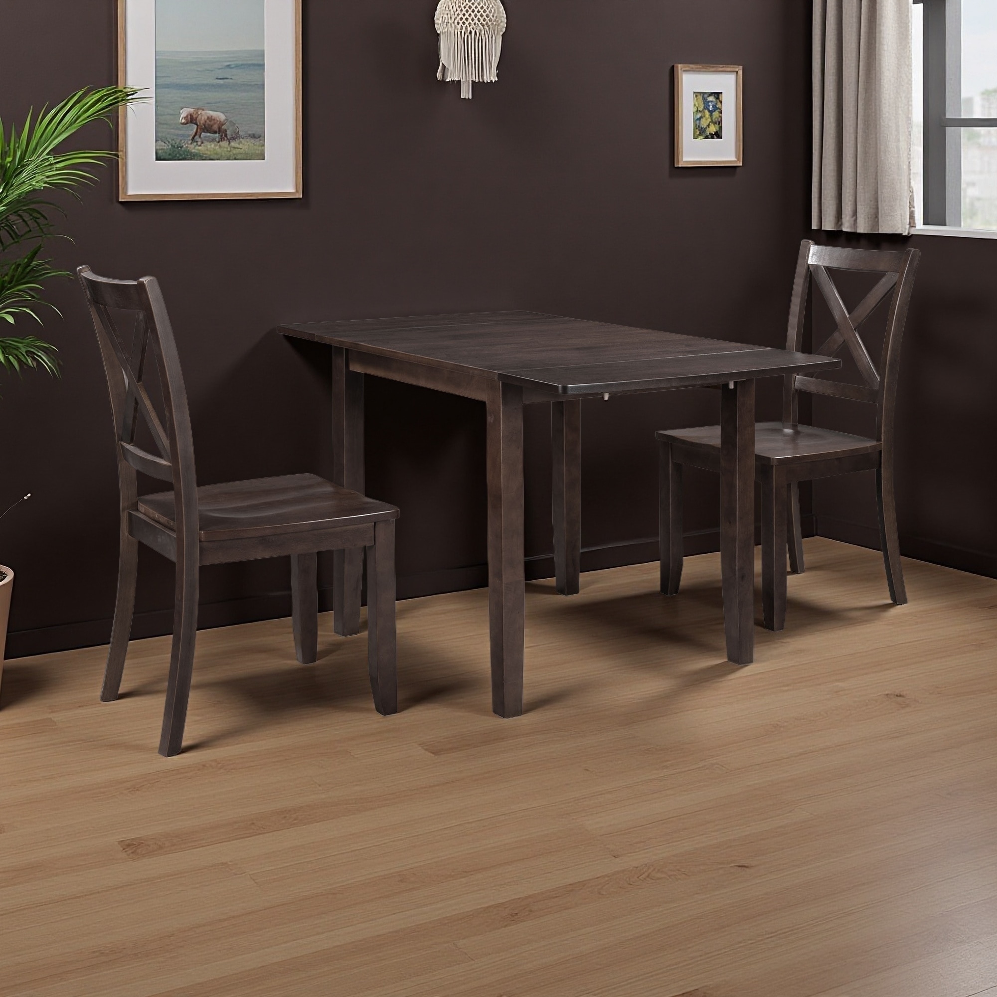 3-Piece Wood Drop Leaf Breakfast Nook Dining Set, Table with 2 X-Back Chairs