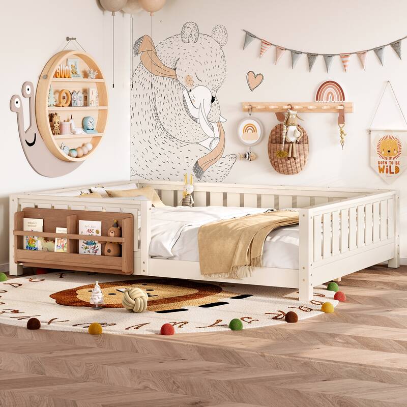 Montessori Floor Bed Low Profile Kids Bed with Rails & Bookshelf