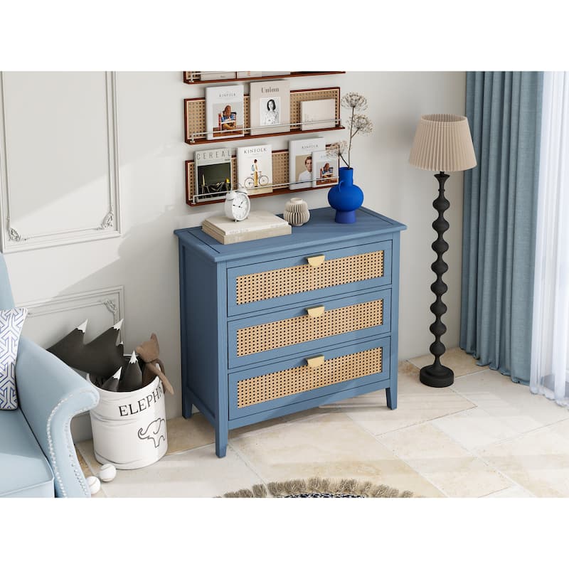 Roomfitters Rattan 3 Drawer Dresser, Boho Storage Chest with Woven Fronts for Bedroom, Living Room, Blue