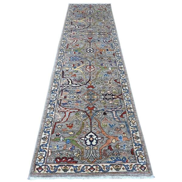 Shahbanu Rugs Pencil Sketch Gray with Ivory Border Hand Knotted Fine ...