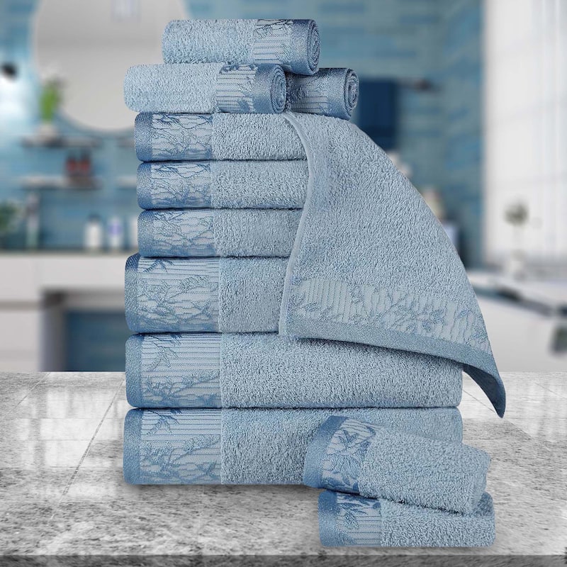 Superior Wisteria Cotton Floral Jacquard 12 Piece Bathroom Towel Set - Waterfall