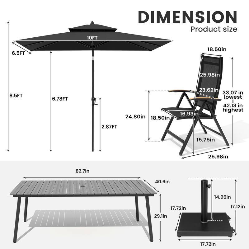 9/11-Piece Outdoor Patio Dining Set Aluminum Dining Table and Folding Chairs w/10 ft Umbrella and Base