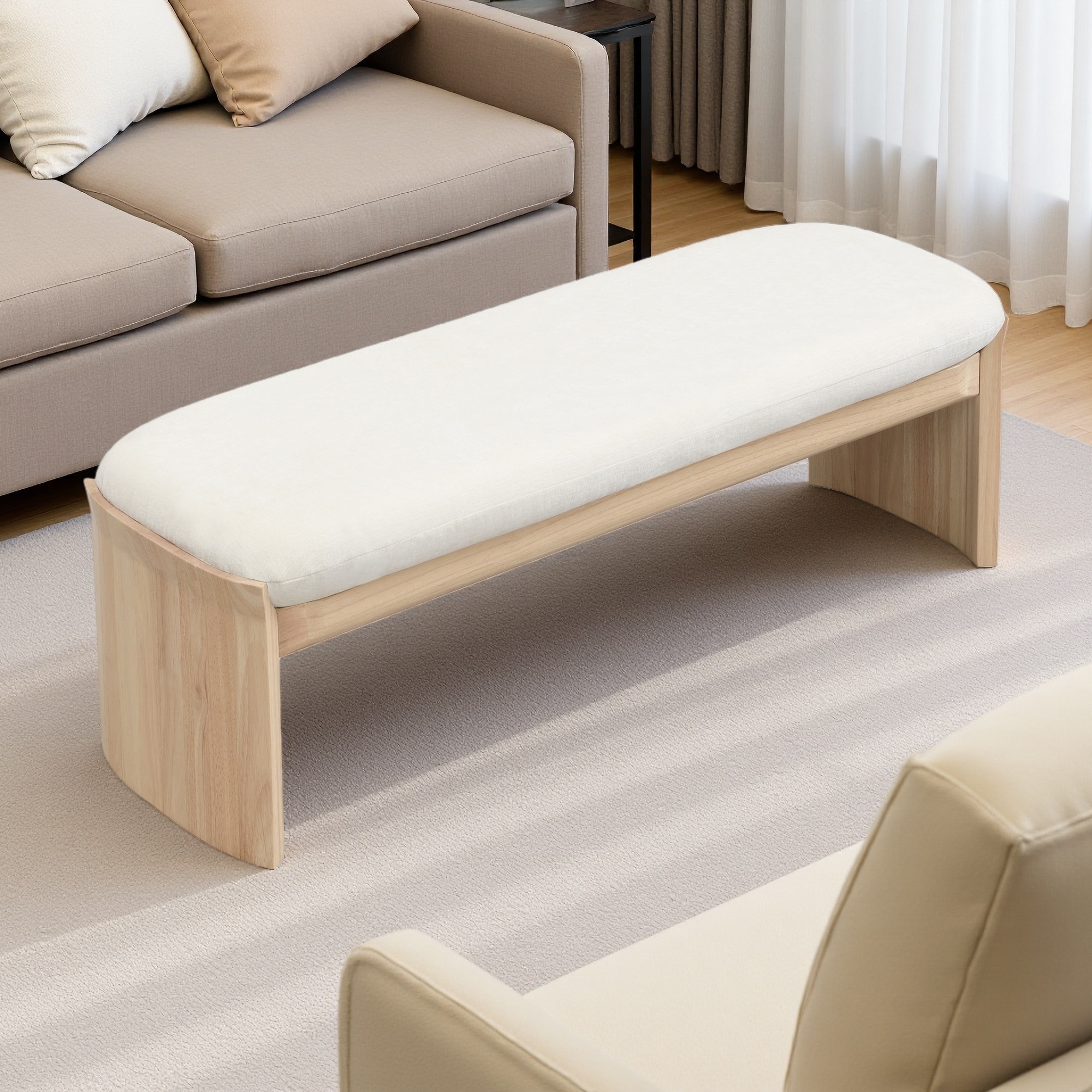 51.5"L Rubber Wood Footstool, Comfortable Cushioned Ottoman for Bedroom & Living Room, Solid Wood Structure & Versatile Design