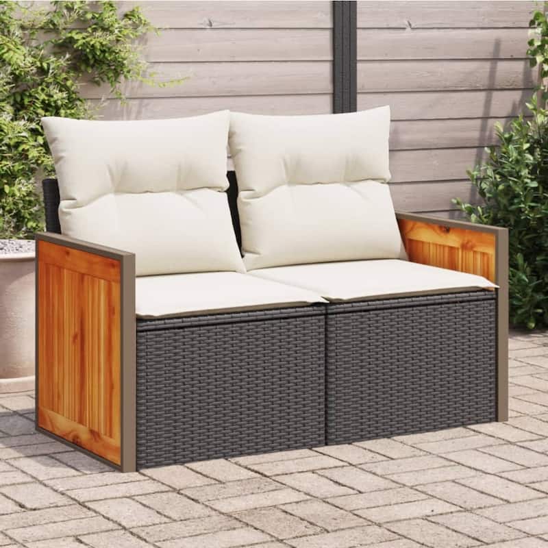 vidaXL Patio Sofa with Cushions Outdoor Seating Loveseat 2-Seater Poly Rattan - 24.4 x 46.5 x 27.2 in - Black and white with storage