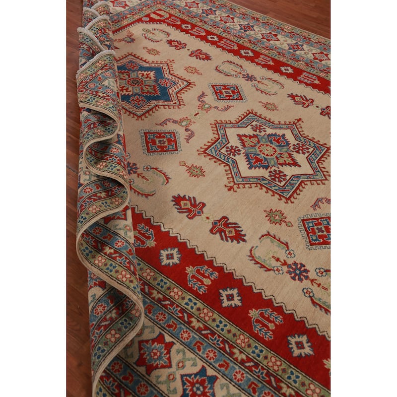 Hand Knotted Oriental 100% Wool Carpet Traditional Geometric Beige & Ivories Kazak Area Rug - 12' 3'' X 9' 0''