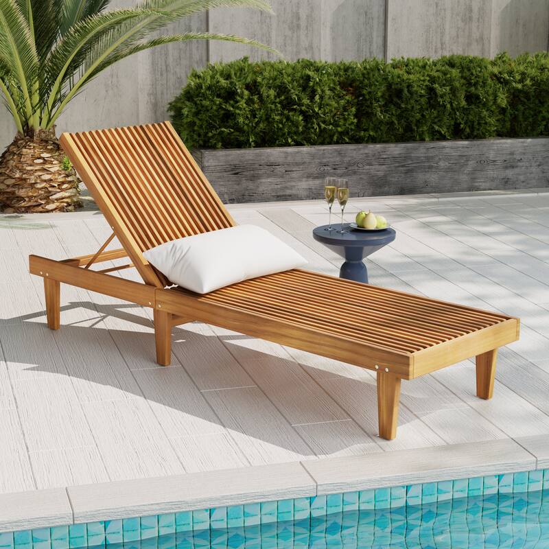 Modern Wooden Reclining Chair with Adjustable Backrest, Breathable Slatted Chaise Lounge Chair for Sunbathing - Teak