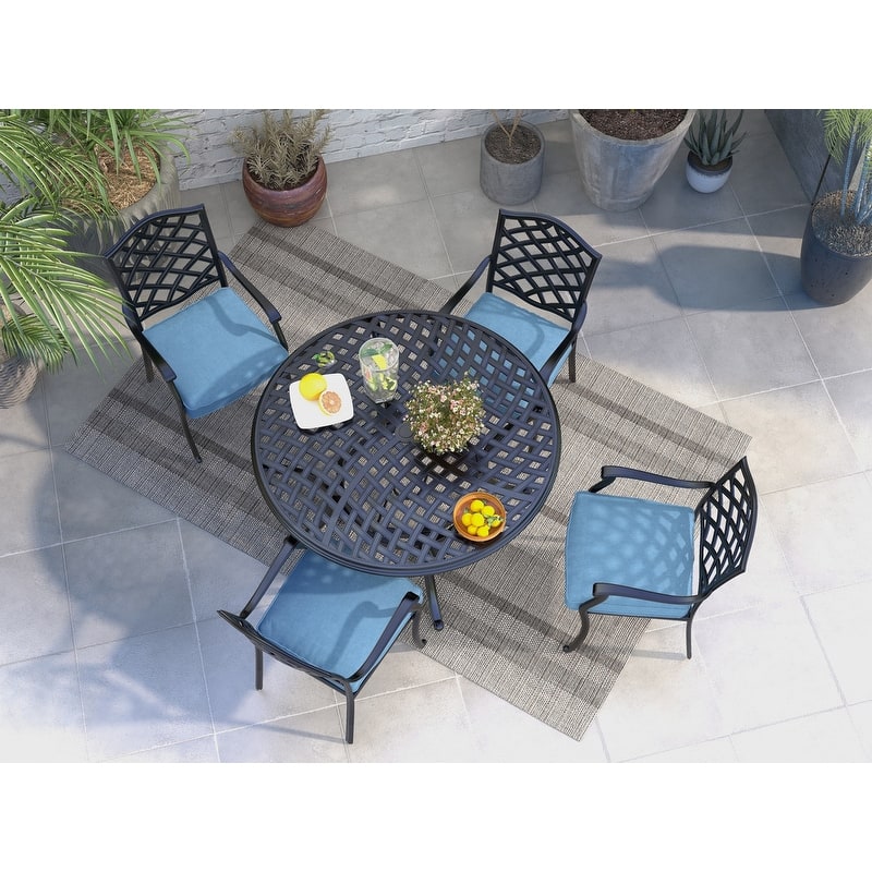 Torino Aluminum 5 Piece Round Dining Set with 4 Arm Chairs - N/A - Espresso Brown/Light Blue