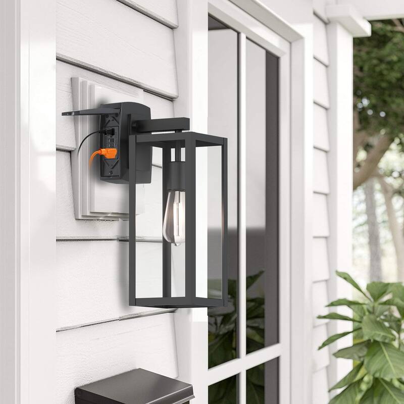 1-Light Matte Black Outdoor Wall Lantern Sconce with GFCI Outlet