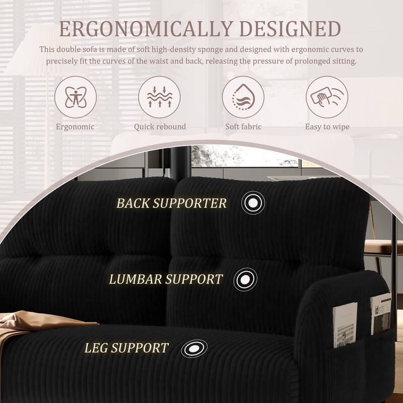 HOMEFUN Corduroy Upholstered Tufted Comfortable Wood Frame Loveseats Sofa with Double Side Pocket