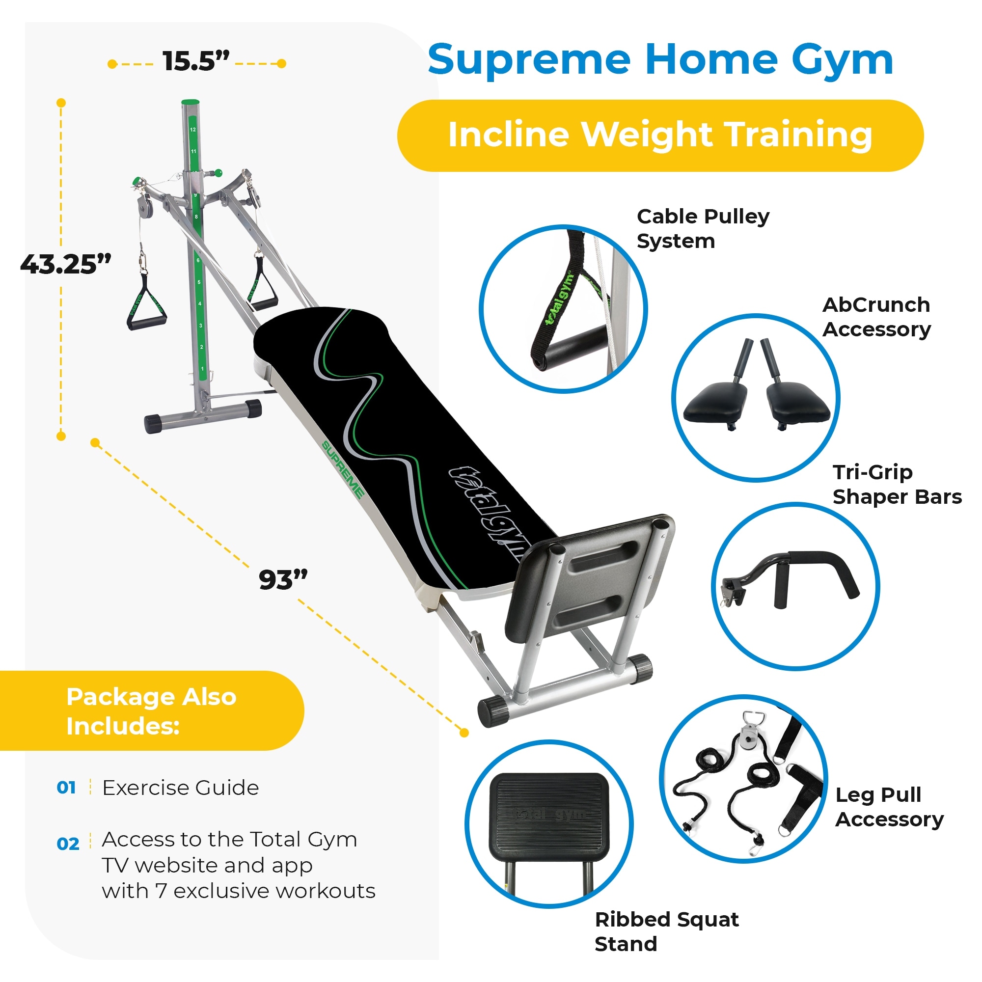 Total Gym Supreme Home Gym with Ab Crunch, Tri Grip Shaper Bars